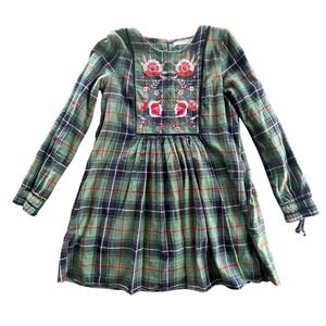 Zara Trafaluc Plaid Embroidered Tunic Dress Womens M Green Cottagecore Prairie